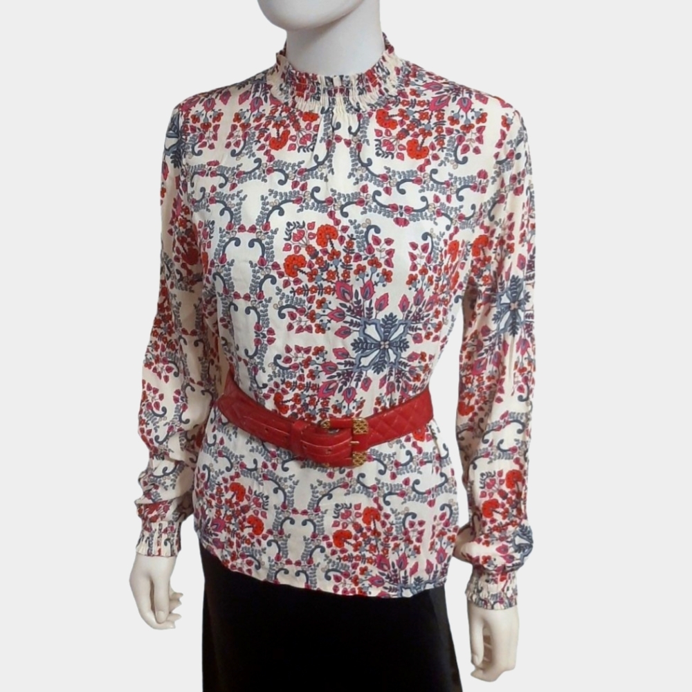 OLIVER BONAS Floral Crepe Enlightment Print High Neck Top Sz 10 Wht/Multi